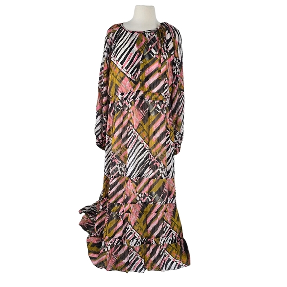 Marie Oliver Venus Caftan Silk Blend Maxi Dress Zebrawood Print XL Long Sleeve - Picture 2 of 16